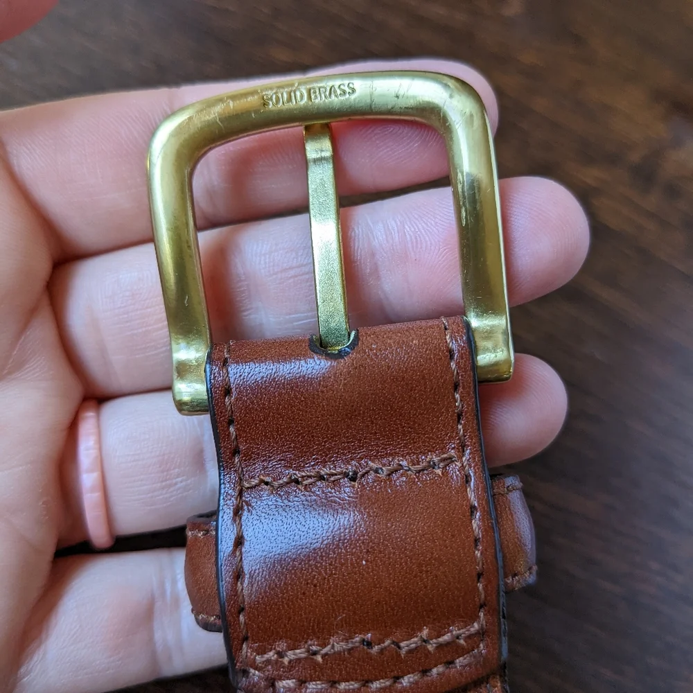 Lands' End Light Beige Braided Elastic Leather End Brass Buckle Belt - Picture 7 of 10